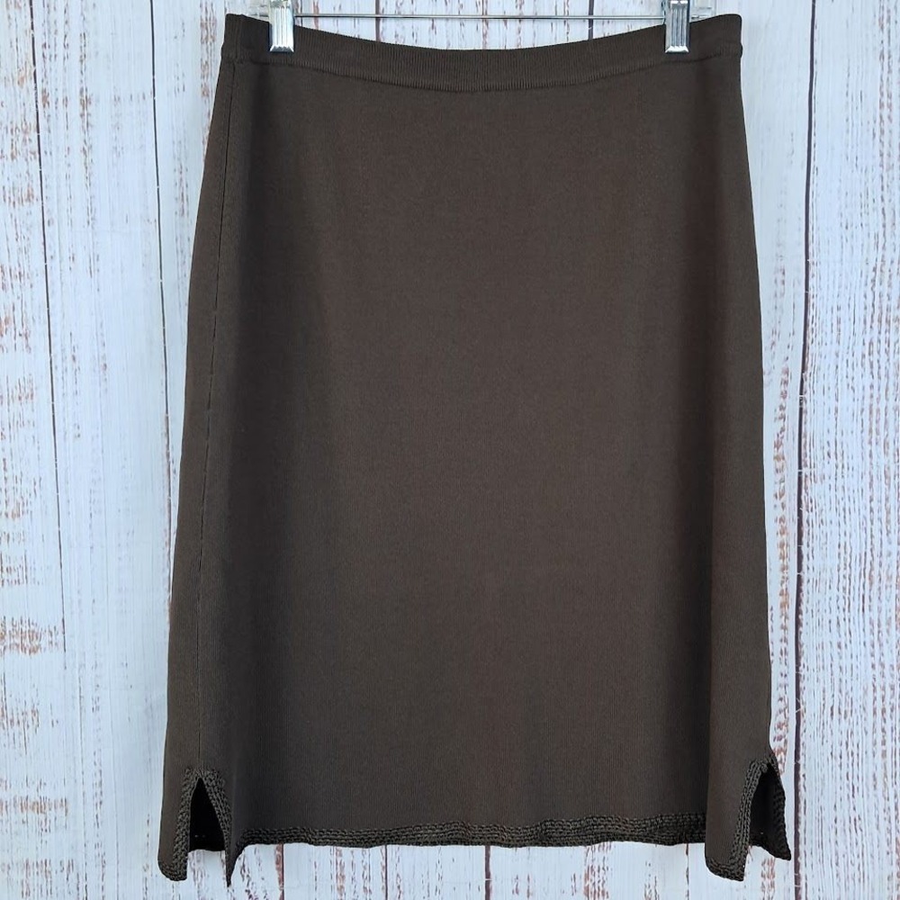 Due Per Due L Brown Knit Knee Length Skirt Crochet Trim Side Slits Classic